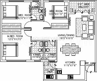 Floor plan of 3 BHK 1408 Sq. Ft. Apartment in Valmark Orchard Square, Bangalore