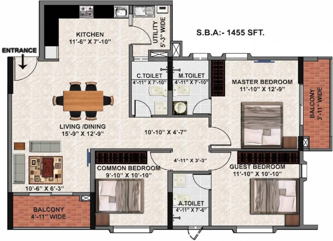Floor plan of 3 BHK 1455 Sq. Ft. Apartment in Valmark Orchard Square, Bangalore