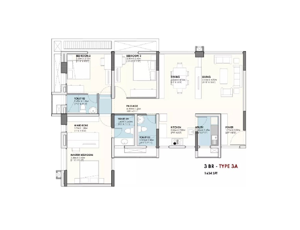 Floor plan of 3 BHK 1634 Sq. Ft. Apartment in Value Designbuild Azure, Bangalore
