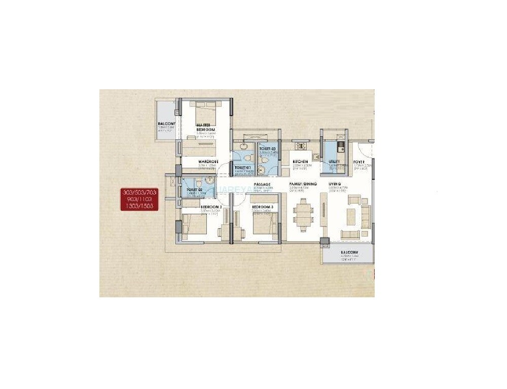 Floor plan of 3 BHK 1780 Sq. Ft. Apartment in Value Designbuild Azure, Bangalore