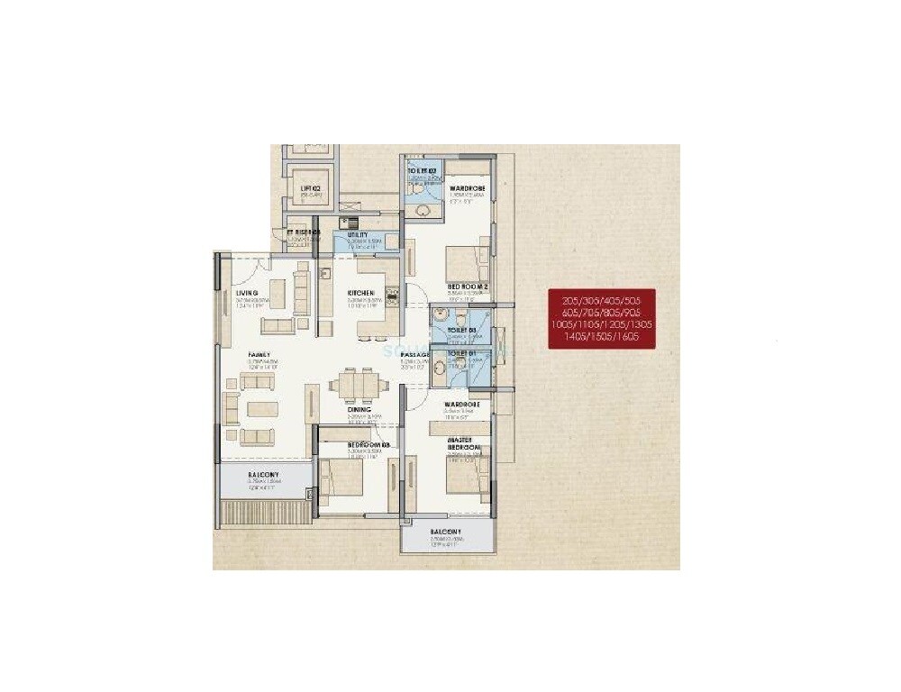 Floor plan of 3 BHK 1962 Sq. Ft. Apartment in Value Designbuild Azure, Bangalore
