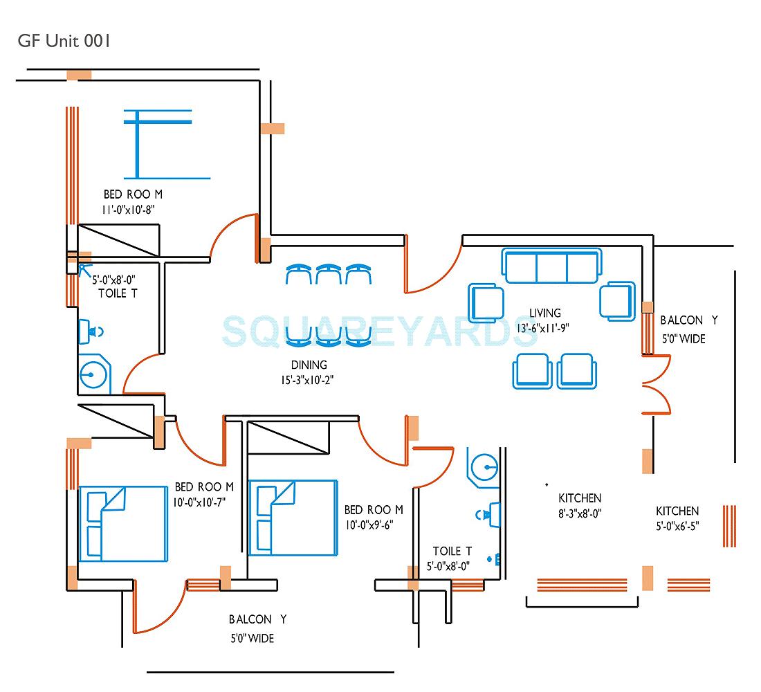 Floor plan of 3 BHK 2125 Sq. Ft. Apartment in Value Designbuild Ochre, Bangalore