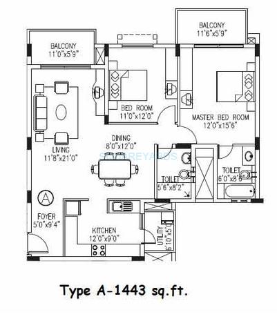 Floor plan of 2 BHK 1443 Sq. Ft. Apartment in Value Designbuild VDB Celadon, Bangalore