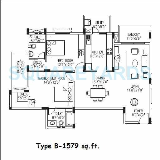 Floor plan of 2 BHK 1579 Sq. Ft. Apartment in Value Designbuild VDB Celadon, Bangalore