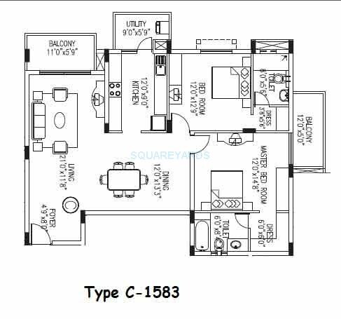 Floor plan of 2 BHK 1583 Sq. Ft. Apartment in Value Designbuild VDB Celadon, Bangalore