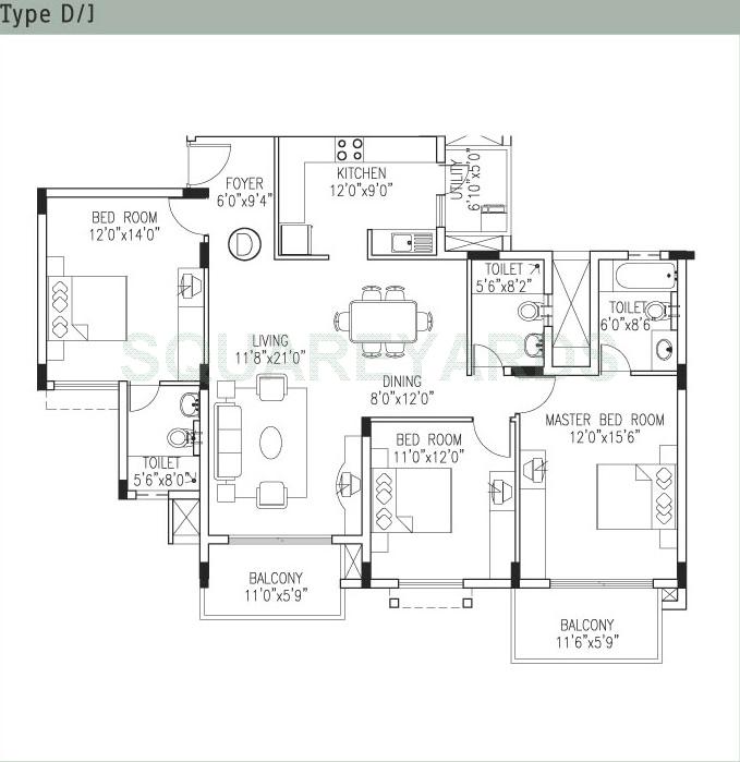 Floor plan of 3 BHK 1733 Sq. Ft. Apartment in Value Designbuild VDB Celadon, Bangalore