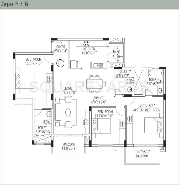 Floor plan of 3 BHK 1753 Sq. Ft. Apartment in Value Designbuild VDB Celadon, Bangalore