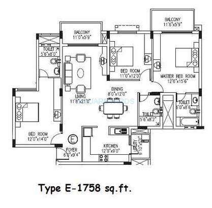 Floor plan of 3 BHK 1758 Sq. Ft. Apartment in Value Designbuild VDB Celadon, Bangalore
