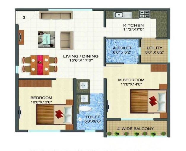 Floor plan of 2 BHK 1104 Sq. Ft. Apartment in Vandhana Anugraha, Bangalore