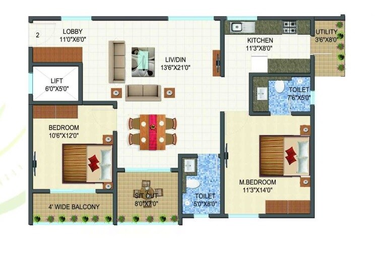 Floor plan of 2 BHK 1310 Sq. Ft. Apartment in Vandhana Anugraha, Bangalore