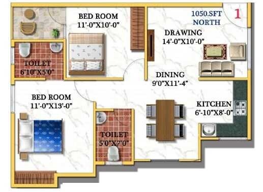 Floor plan of 2 BHK Apartment - 1050 sq. ft. in Vandhana Paradise, Bangalore