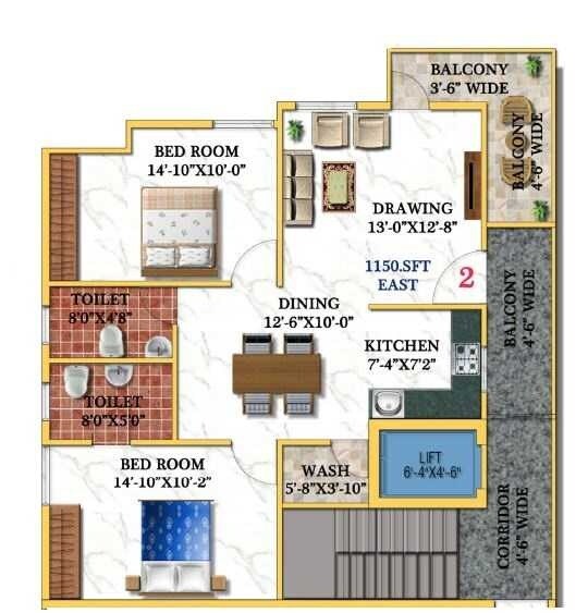 Floor plan of 2 BHK Apartment - 1150 sq. ft. in Vandhana Paradise, Bangalore