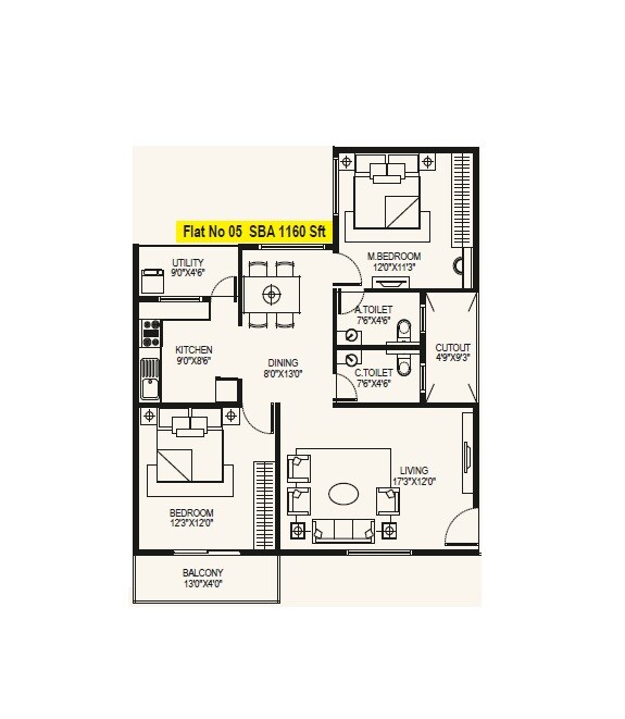 Floor plan of 2 BHK 1160 Sq. Ft. Apartment in Vara Vasundara, Bangalore
