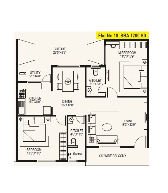 2 BHK 1200 Sq. Ft. Apartment