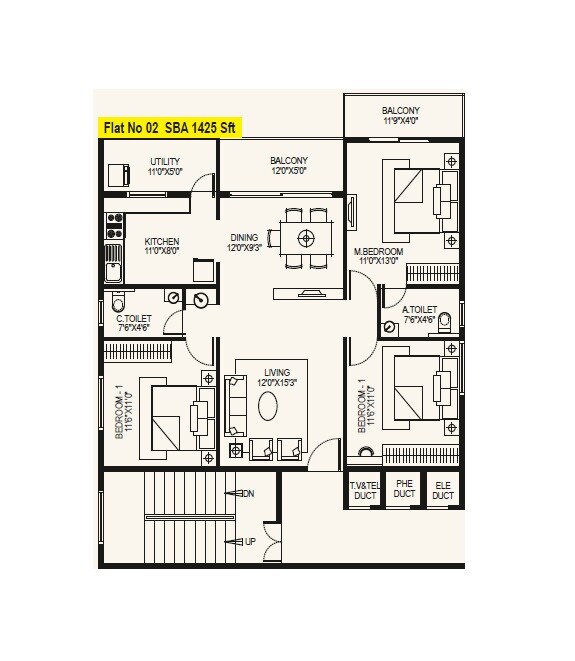 Floor plan of 3 BHK 1425 Sq. Ft. Apartment in Vara Vasundara, Bangalore