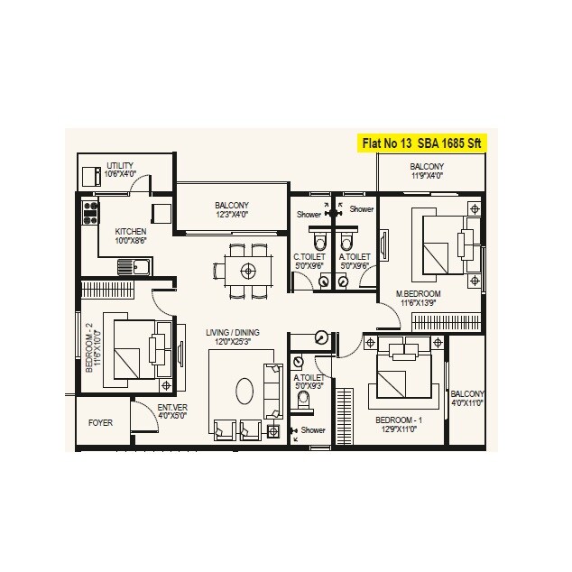 Floor plan of 3 BHK 1685 Sq. Ft. Apartment in Vara Vasundara, Bangalore