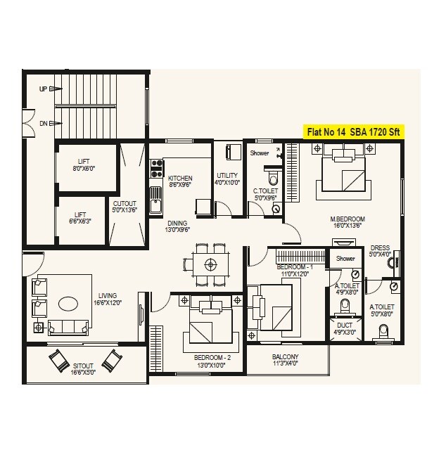 Floor plan of 3 BHK 1720 Sq. Ft. Apartment in Vara Vasundara, Bangalore