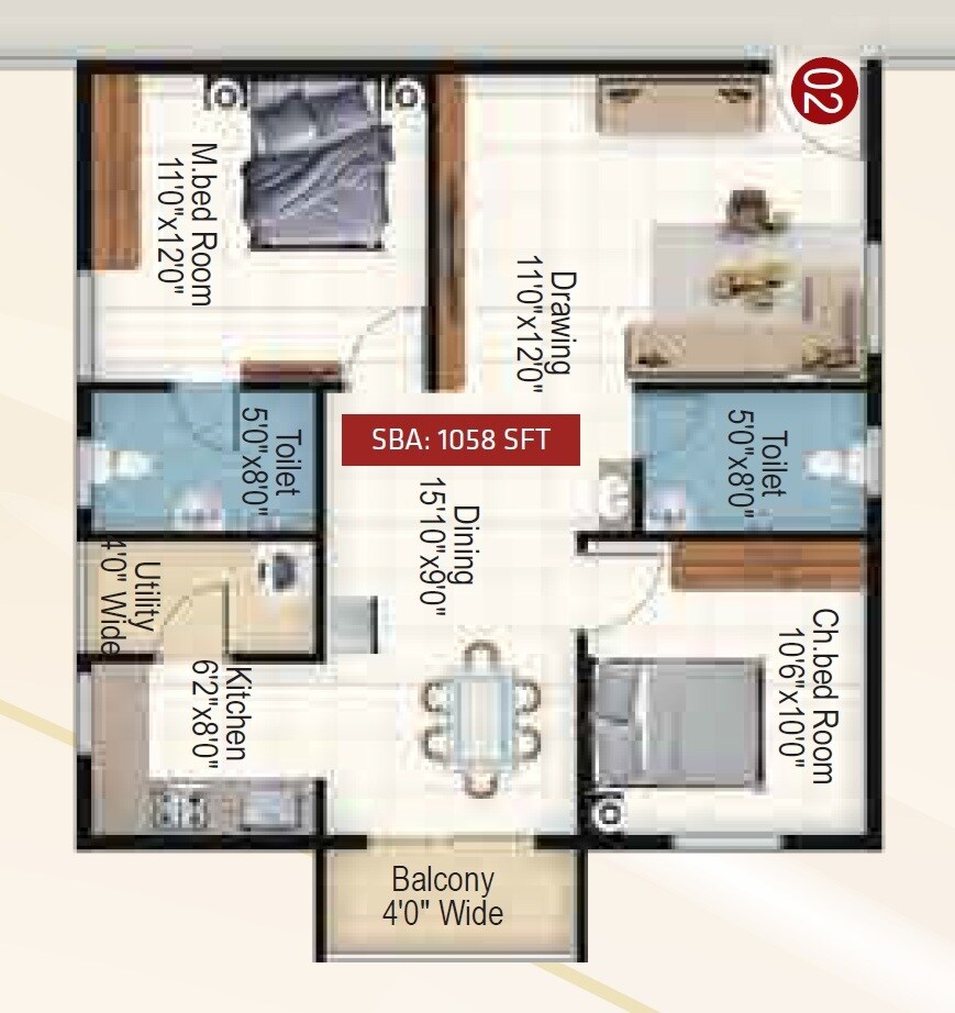 Floor plan of 2 BHK 1058 Sq. Ft. Apartment in Varasinduri Rings Avenue, Bangalore
