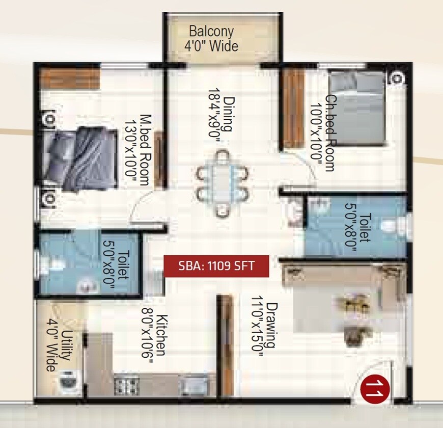 Floor plan of 2 BHK 1109 Sq. Ft. Apartment in Varasinduri Rings Avenue, Bangalore