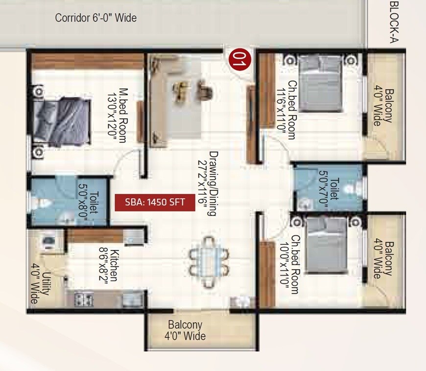 Floor plan of 3 BHK 1450 Sq. Ft. Apartment in Varasinduri Rings Avenue, Bangalore