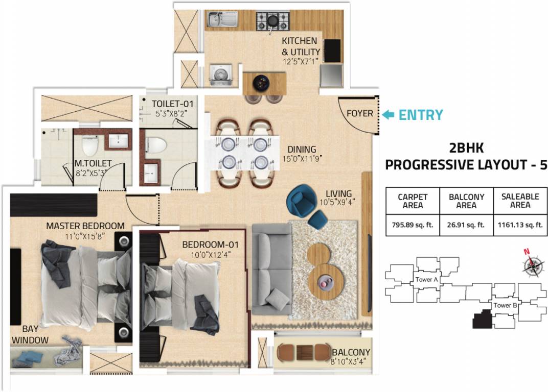Floor plan of 2 BHK 796 Sq. Ft. Apartment in Karle Vario Homes, Bangalore