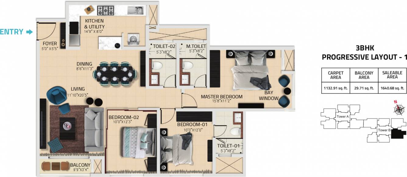 Floor plan of 3 BHK 1133 Sq. Ft. Apartment in Karle Vario Homes, Bangalore