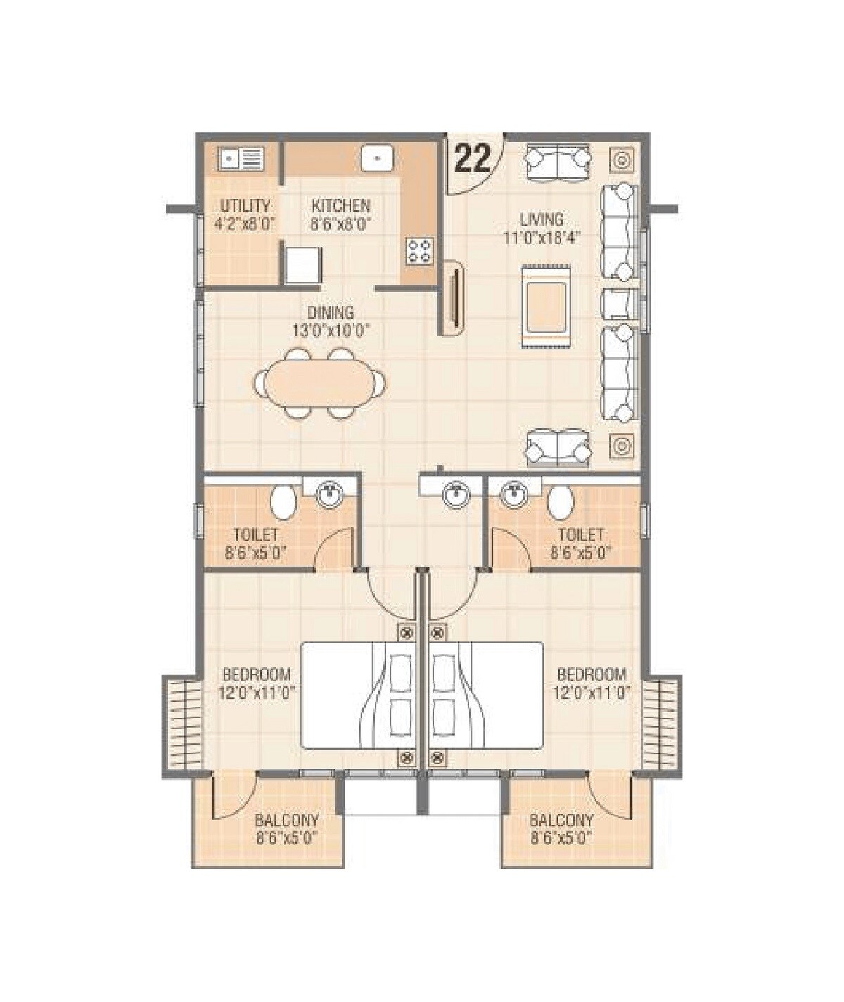 Floor plan of 2 BHK 1325 Sq. Ft. Apartment in Vars Parkwood, Bangalore