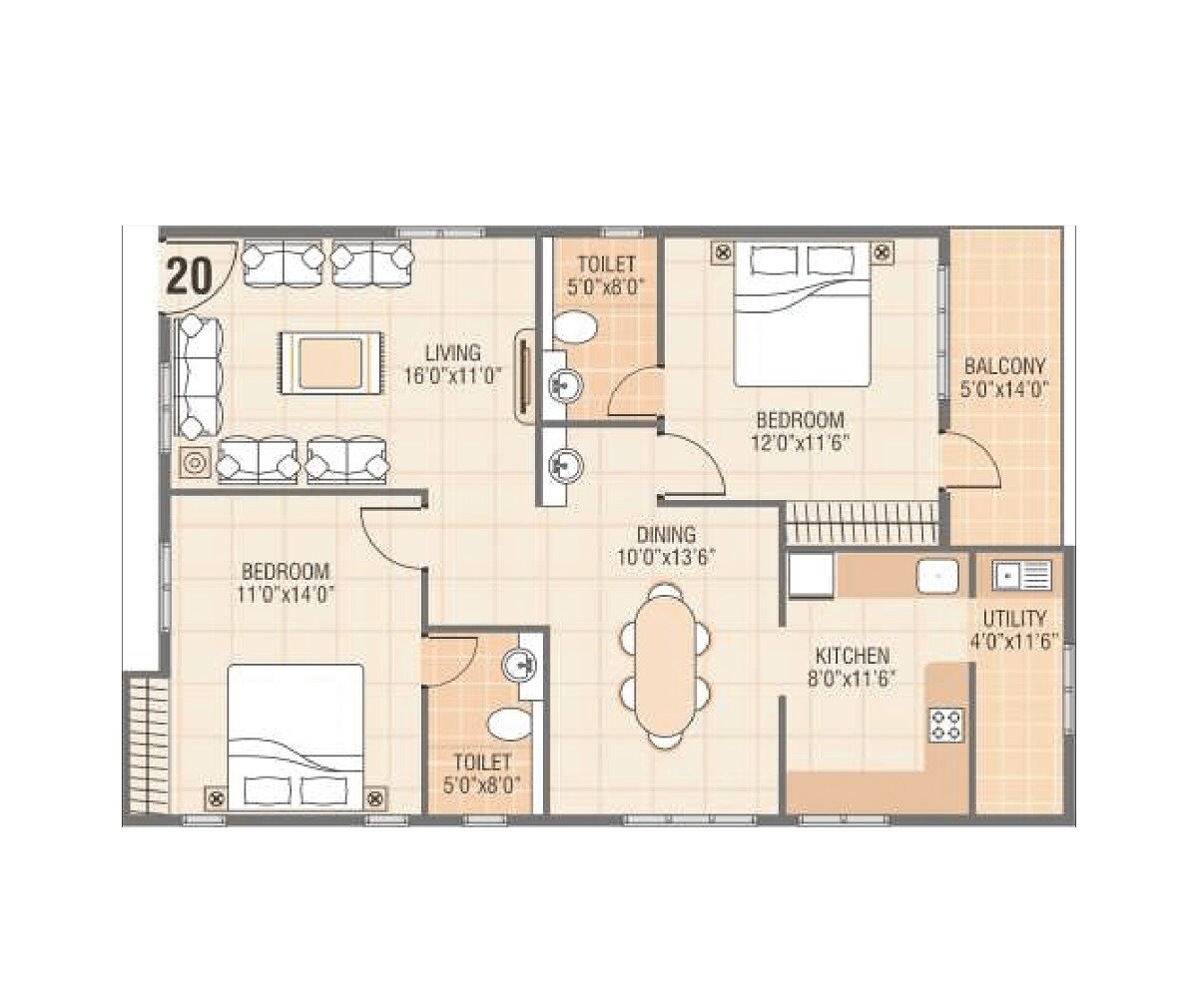 Floor plan of 2 BHK 1380 Sq. Ft. Apartment in Vars Parkwood, Bangalore