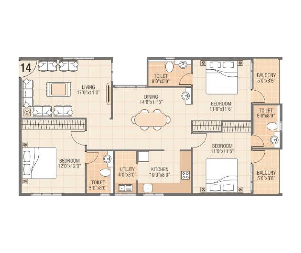 Floor plan of 3 BHK 1650 Sq. Ft. Apartment in Vars Parkwood, Bangalore