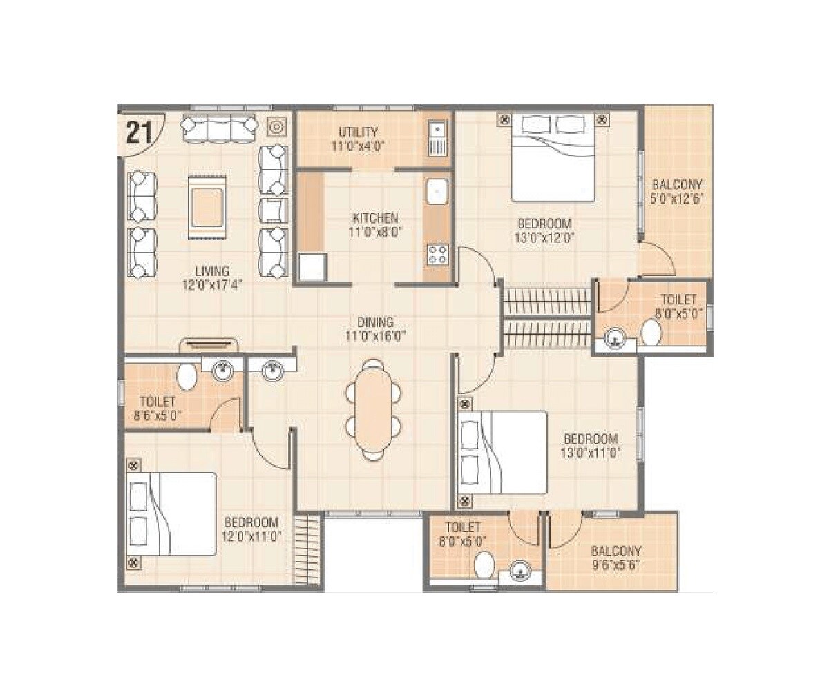 Floor plan of 3 BHK 1785 Sq. Ft. Apartment in Vars Parkwood, Bangalore