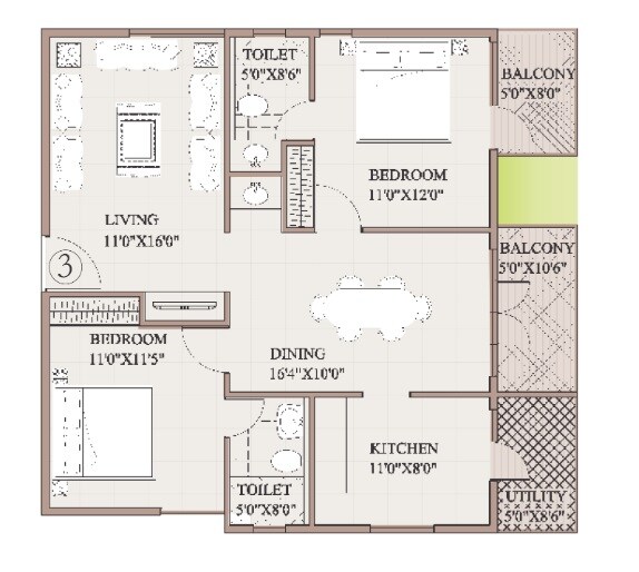 Floor plan of 2 BHK 1215 Sq. Ft. Apartment in VARS Splendid, Bangalore