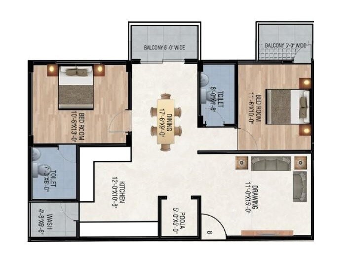 Floor plan of 2 BHK 1059 Sq. Ft. Apartment in Varsha Tirumalaa Square, Bangalore