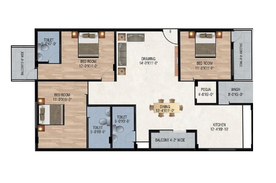 Floor plan of 3 BHK 1741 Sq. Ft. Apartment in Varsha Tirumalaa Square, Bangalore