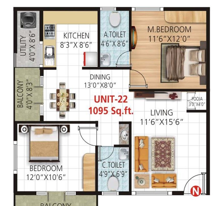 Floor plan of 2 BHK 1095 Sq. Ft. Apartment in Varshini Residency, Bangalore
