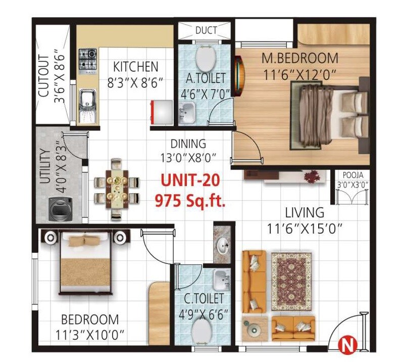 Floor plan of 2 BHK 975 Sq. Ft. Apartment in Varshini Residency, Bangalore