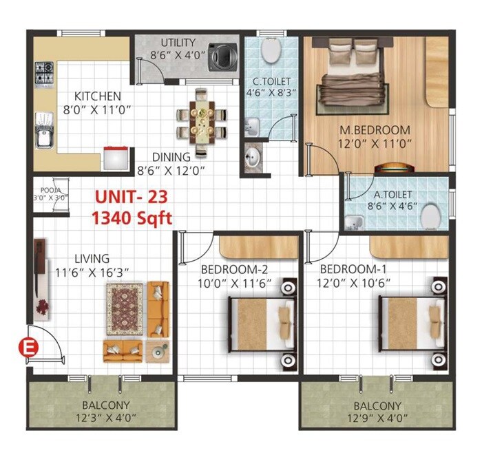 Floor plan of 3 BHK 1340 Sq. Ft. Apartment in Varshini Residency, Bangalore