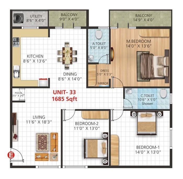 Floor plan of 3 BHK 1685 Sq. Ft. Apartment in Varshini Residency, Bangalore