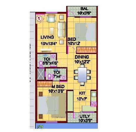 Floor plan of 2 BHK 1100 Sq. Ft. Apartment in Vasavi Green Plam, Bangalore