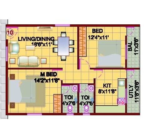 Floor plan of 2 BHK 960 Sq. Ft. Apartment in Vasavi Green Plam, Bangalore