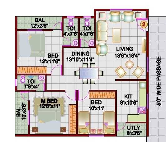 Floor plan of 3 BHK 1375 Sq. Ft. Apartment in Vasavi Green Plam, Bangalore