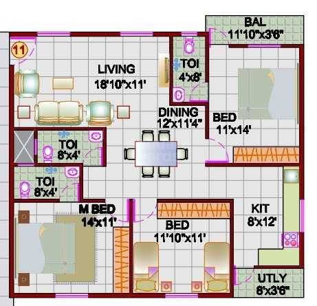 Floor plan of 3 BHK 1400 Sq. Ft. Apartment in Vasavi Green Plam, Bangalore