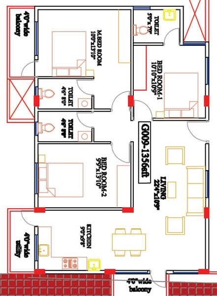Floor plan of 3 BHK Apartment - 1356 sq. ft. in Vascon Fortunaa, Bangalore