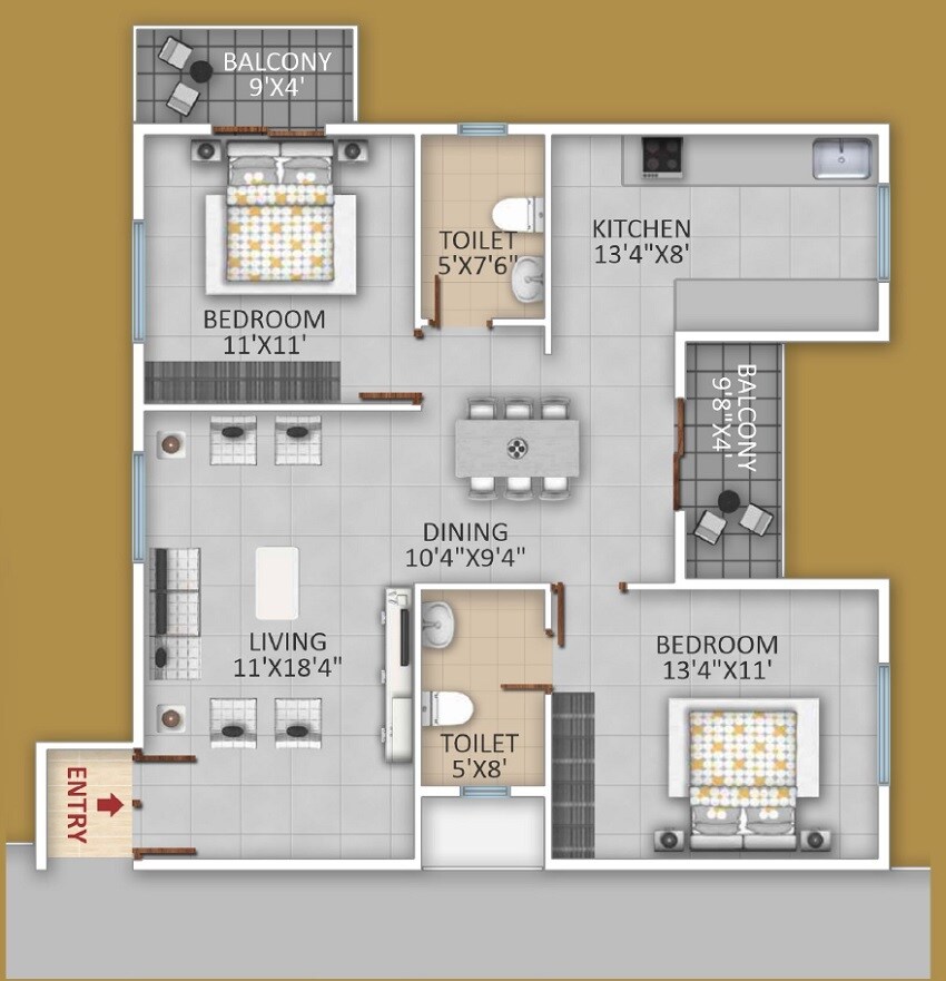 Floor plan of 2 BHK 1176 Sq. Ft. Apartment in Vasudha Parkone, Bangalore