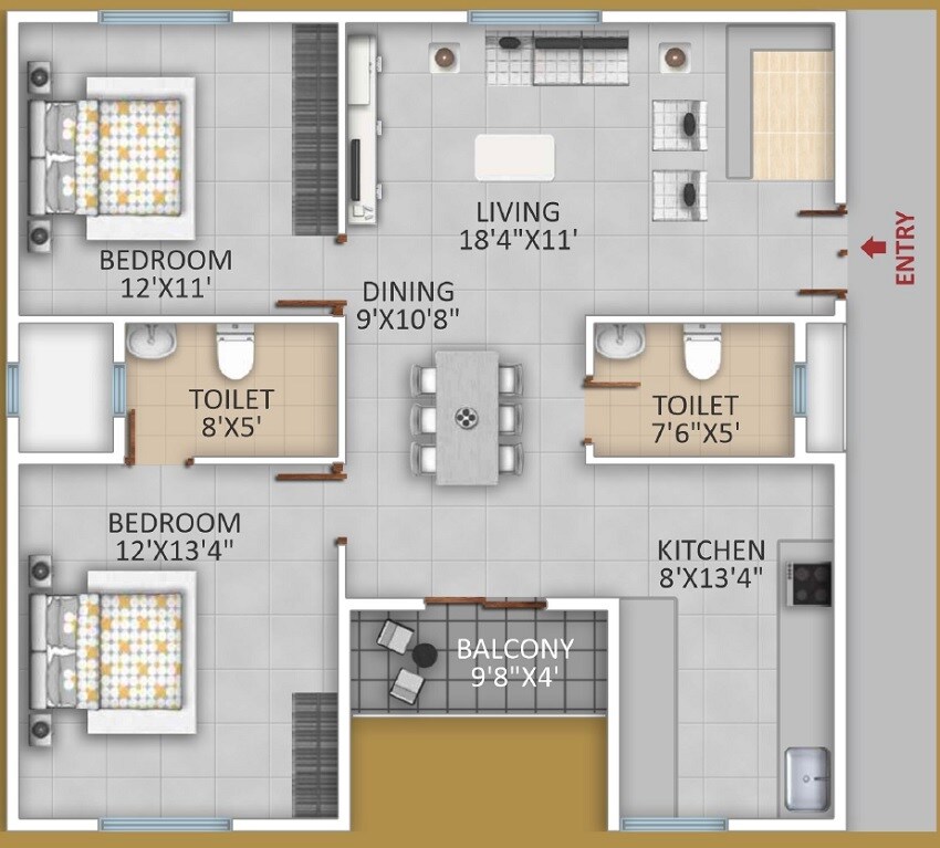 Floor plan of 2 BHK 1213 Sq. Ft. Apartment in Vasudha Parkone, Bangalore