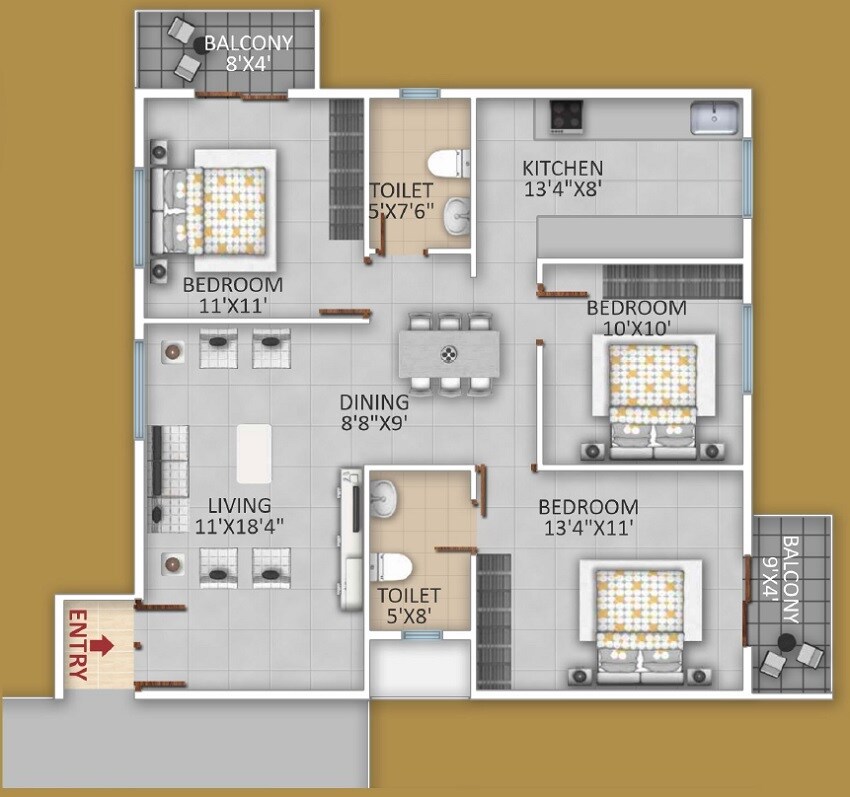 Floor plan of 3 BHK 1280 Sq. Ft. Apartment in Vasudha Parkone, Bangalore