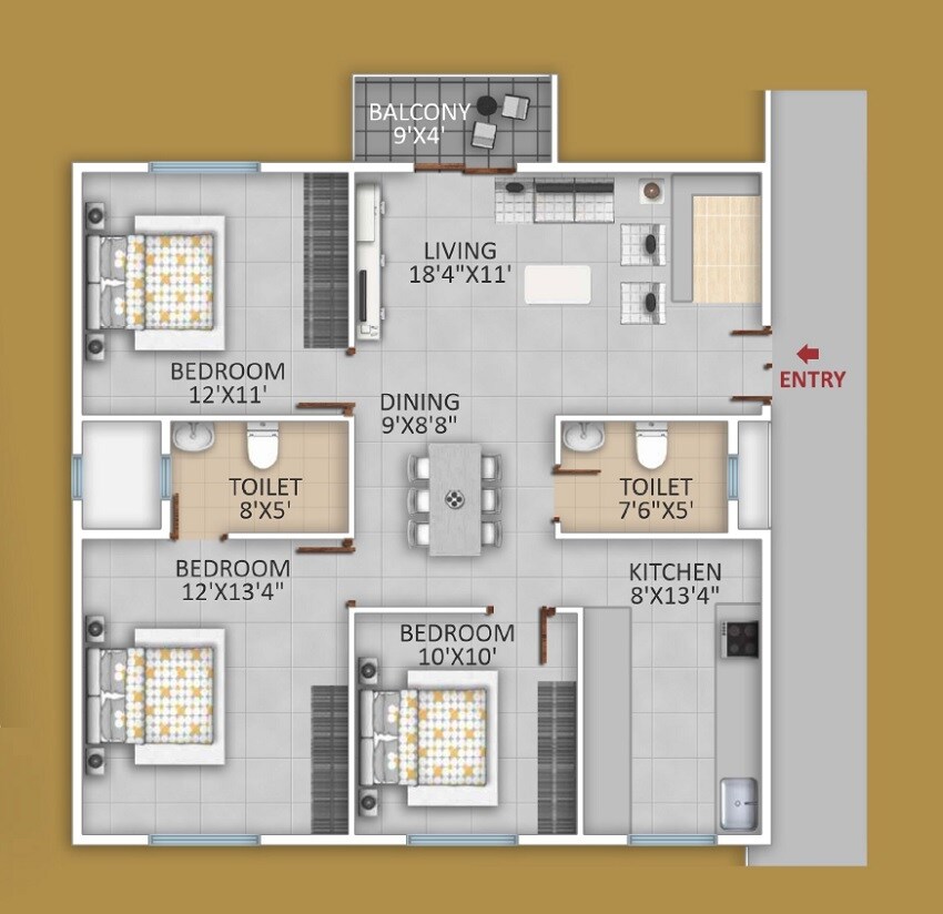 Floor plan of 3 BHK 1343 Sq. Ft. Apartment in Vasudha Parkone, Bangalore