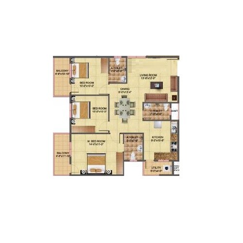 Floor plan of 3 BHK 1295 Sq. Ft. Apartment in Vasudha Springs, Bangalore