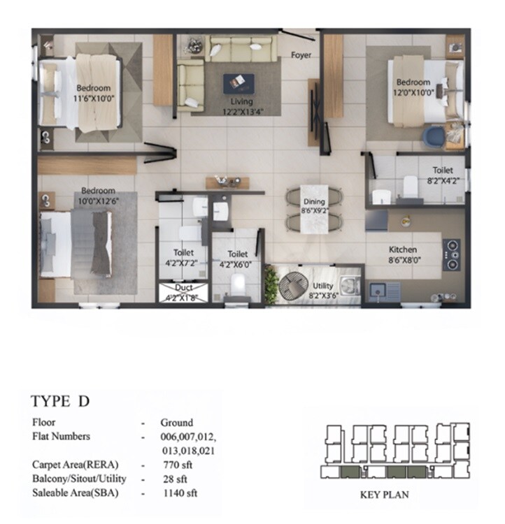 Floor plan of 3 BHK 1140 Sq. Ft. Apartment in Vasudharini Nest, Bangalore