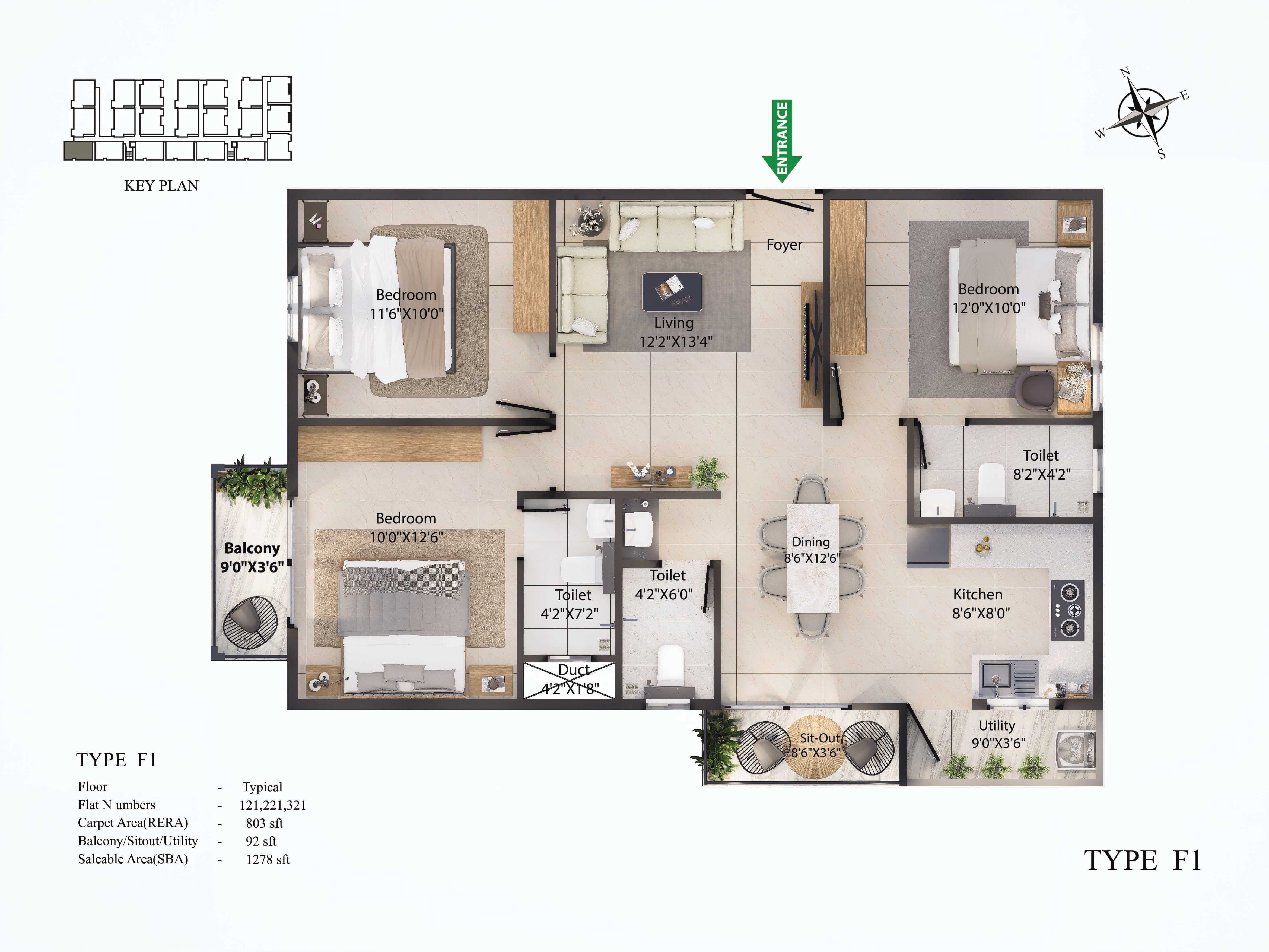 Floor plan of 3 BHK 1278 Sq. Ft. Apartment in Vasudharini Nest, Bangalore
