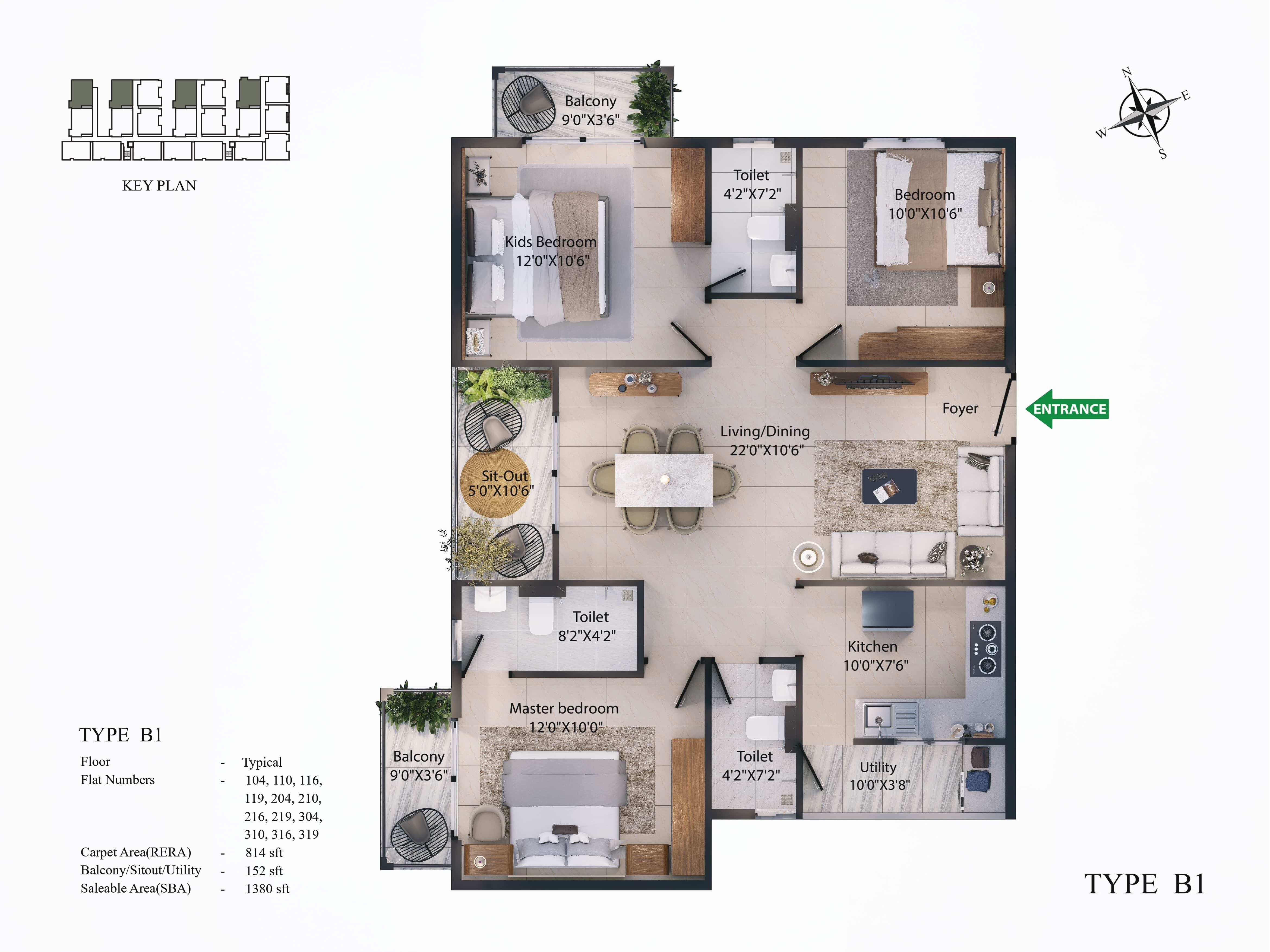 Floor plan of 3 BHK 1380 Sq. Ft. Apartment in Vasudharini Nest, Bangalore